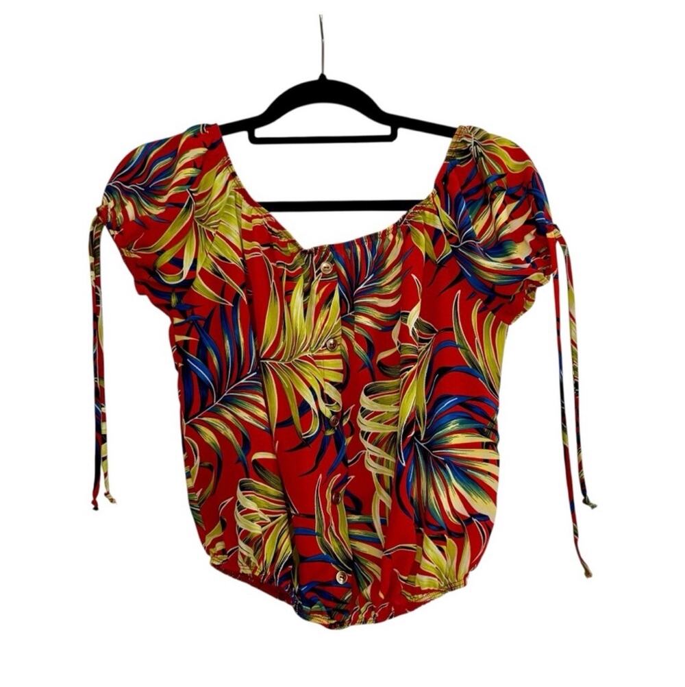 Hello Miss Tropical Red Palm Leaf Crop Top Puff Tie Sleeve Boho Blouse Size Med